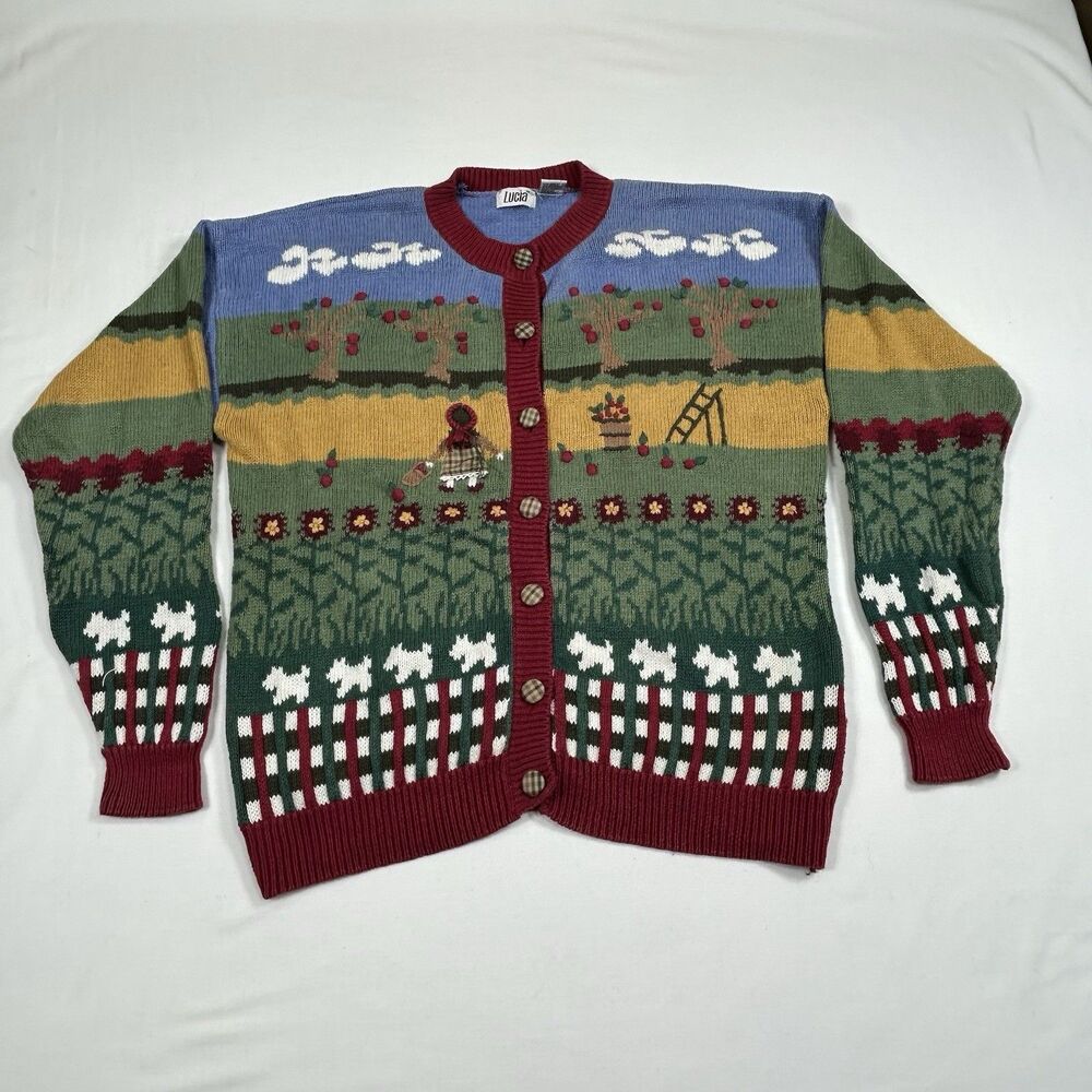 Vintage Lucia Apple Orchard Farm Cardigan Sweater XL Novelty Country Dog Festive - Picture 5 of 14